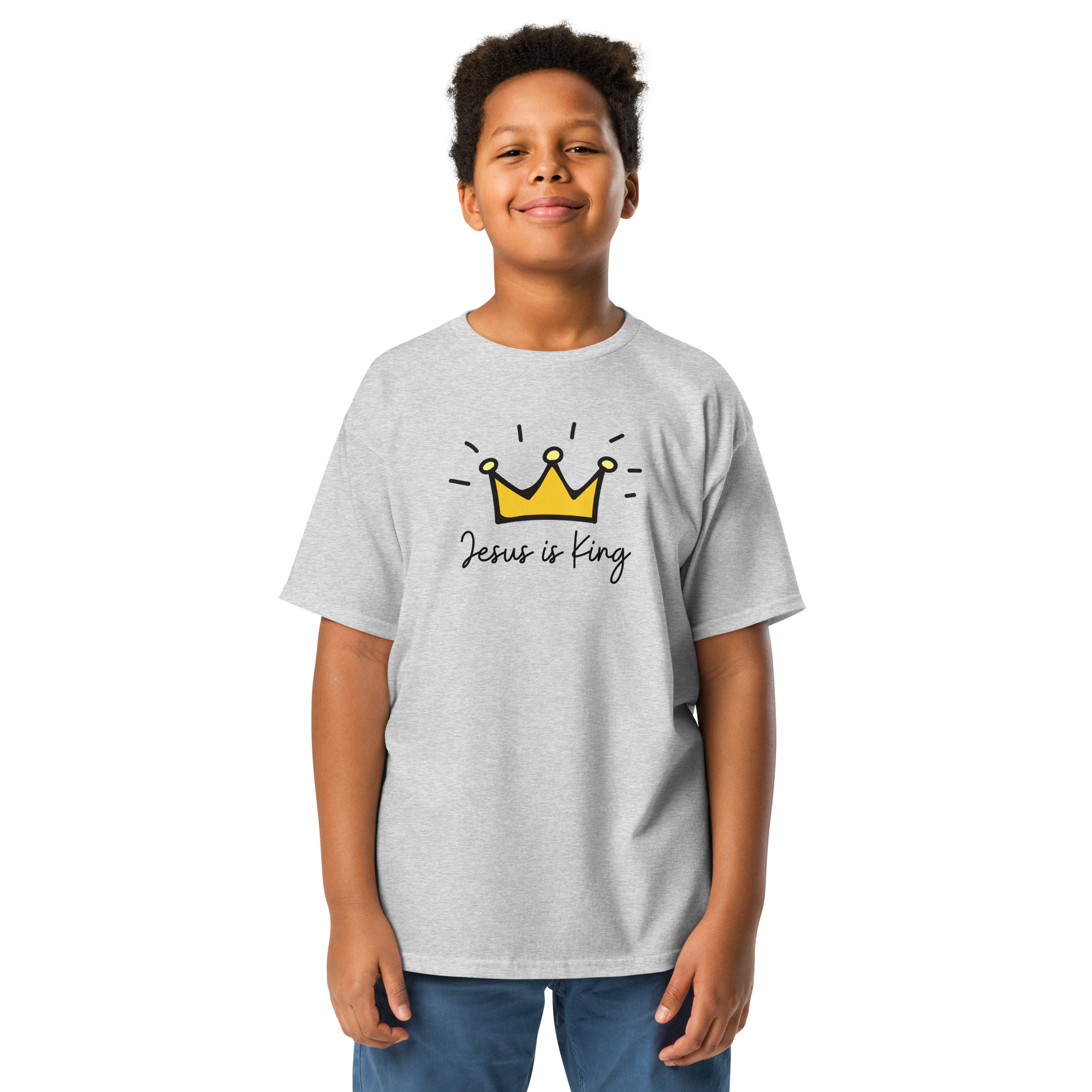 Youth Christian T-Shirt “Jesus Is King” Kids Cotton Unisex Tee Gray Color