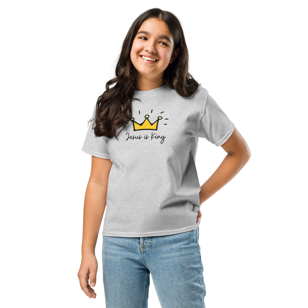 Youth Christian T-Shirt “Jesus Is King” Kids Cotton Unisex Tee Gray Color