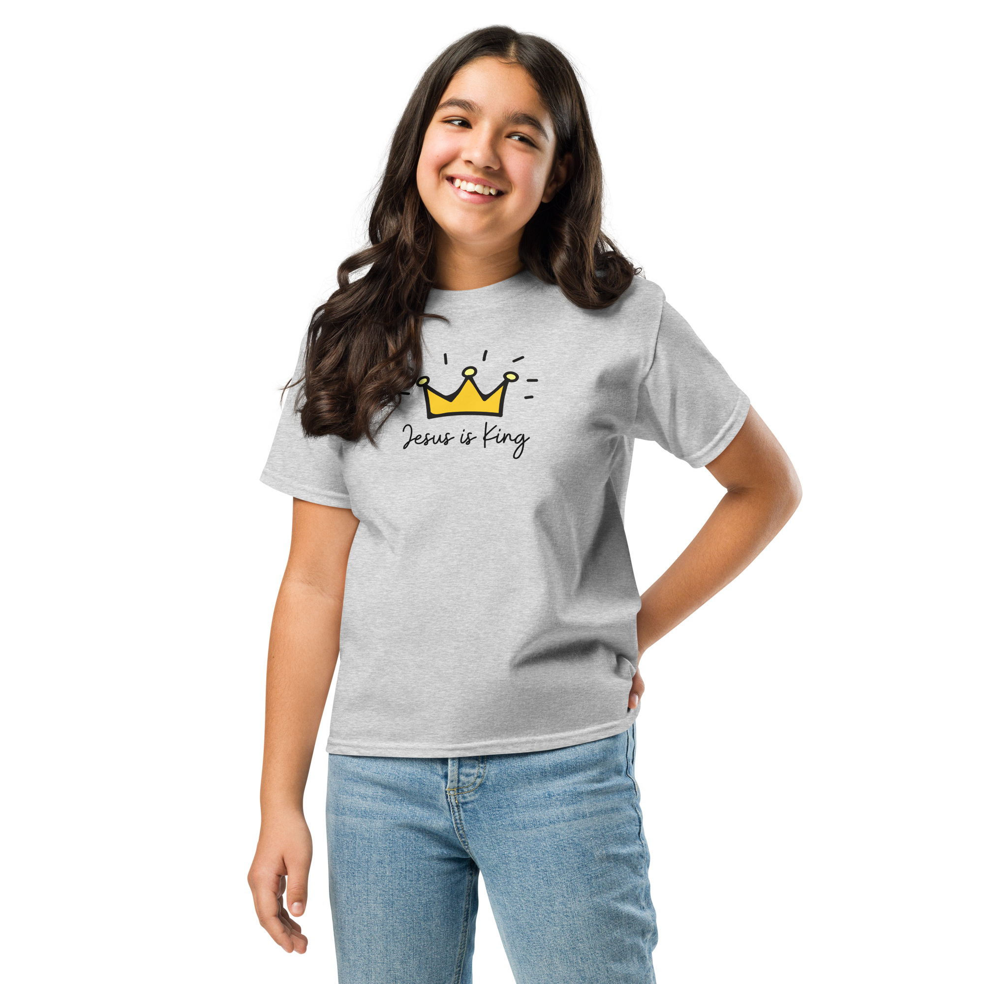 Youth Christian T-Shirt “Jesus Is King” Kids Cotton Unisex Tee Gray Color